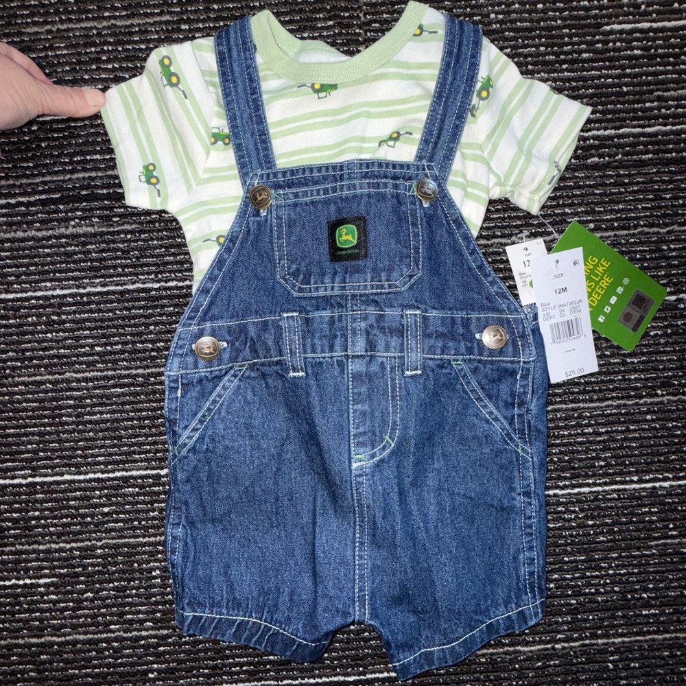 John Deere Shortall Set 12M New Denim Overalls Tractor Tee